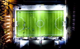 The Pavegen soccer field is lit using electricity created by field users.
