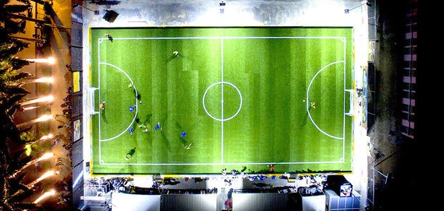 The Pavegen soccer field is lit using electricity created by field users.