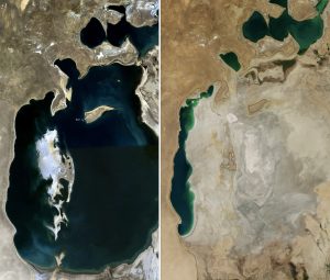 A comparison of the Aral Sea in 1989 (left) and 2014 (right).